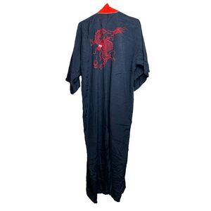 Vintage Plum Blossom Kimono Adult Medium Black Chinese Dragon 47" Long Robe Mens